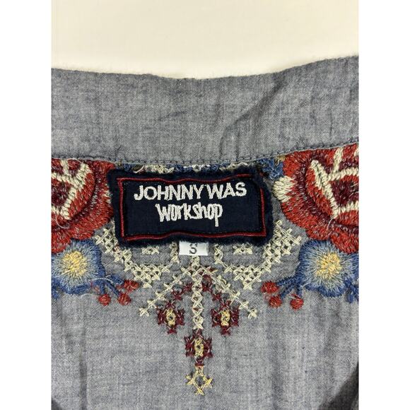 Johnny Was Workshop Chambray Peasant Top Grey Small Embroidered Bell Sleeves - Picture 3 of 11